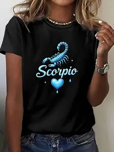 Women's Blue Scorpio Zodiac Graphic T-Shirt - Short Sleeve Crew Neck Casual Top with Scorpion Print & Cursive Lettering, Medium Stretch Machine-Washable Tee for Summer & Spring, Casual Attire, Zodiac Fashion, Comfortable Fit Shirt