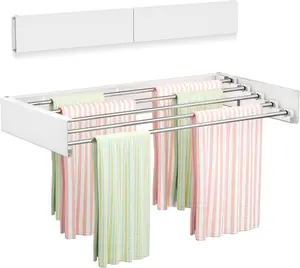 Wall Mounted Clothes Drying Rack, 31.5" Foldable Collapsible Laundry Rack, Heavy Duty 60 lb Capacity Hidden Space Saver, Includes Wall Template for Laundry Room Indoor Outdoor Balcony (White)
