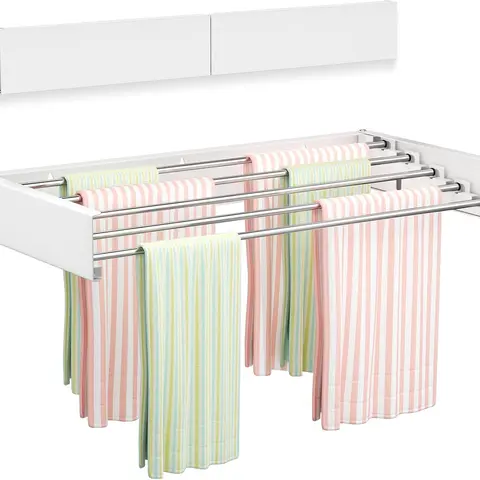 SANNAX Wall Mounted Clothes Hanging Rack - 32in Collapsible Hidden Storage Rack with Fold-Flat Ease, Steel Durable Space-Saving Holder with Wall Template for Laundry Room, Balcony (White)
