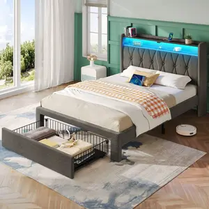 Queen Size Upholstered Platform Bed Frame with 4 Drawers & LED Lights, 2-Tier Storage Headboard & USB Charging Station, Noise-Free, No Box Spring Needed