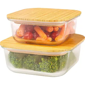 Glass Storage Containers with   -  Non  Meal Prep Jars with Wooden Lid for Fridge and Kitchen Organization - Non Plastic Container for Fruit Bowls 2 Pack