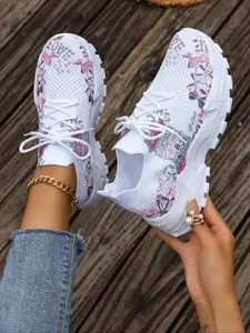 Women's Fashionable Floral & Skull Pattern Lace Up Sneakers, Casual Comfortable Breathable Sports Running Shoes, All-match Basic Trainer for Daily Wear, Casual Running Footwear