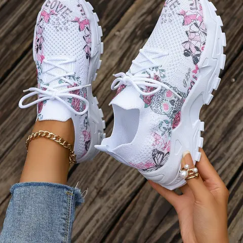 Women's Fashionable Floral & Skull Pattern Lace Up Sneakers, Casual Comfortable Breathable Sports Running Shoes, All-match Basic Trainer for Daily Wear, Casual Running Footwear, Trendy Running Shoes