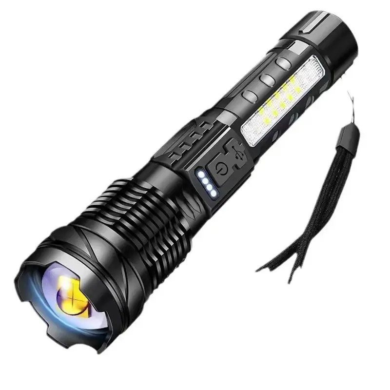 USB Rechargeable Flashlight - 1500 Lumens Strong Light, 7 Light Modes, Alarm, Bluetooth, Signal Alert, USB Port, AC Power Supply, Versatile for Outdoors, Home Improvement Outdoor Lighting Gadget for Camping Hiking