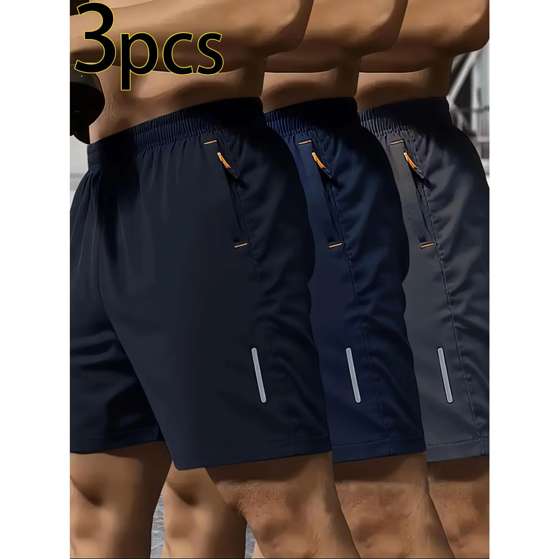 3-piece set of men's casual simple style comfortable shorts, with reflective strips, zipper pockets, and drawstring, summer outdoor fitness apparel, quick-dry comfortable shorts, casual shorts with slightly stretchy elastic waist and drawstring pockets