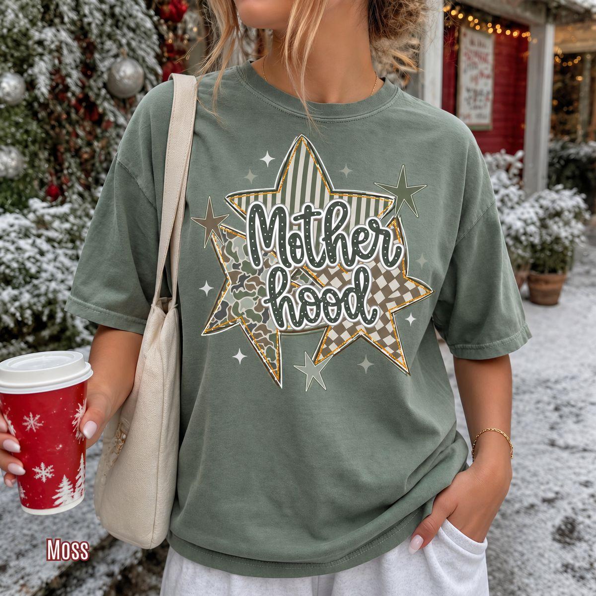 Mothehood Stars Comfort Colors Shirt, Cute Mom Christmas Gift, Mother’s Holiday Short Sleeve Top, Patchwork Camo Plaid Checkerboard Print, Festive Winter Clothing, Christmas Outfit For Women
