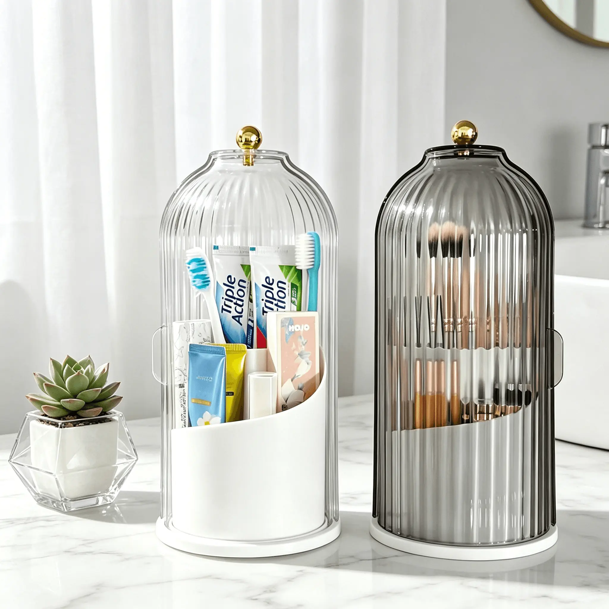 Bathroom Organizer Must Have,Bathroom Countertop Organizer for Toothbrush and Makeup Brush,360 Rotating Clear Organizer,Dustproof Waterproof 3-Slot Bathroom Essentials Holder,Anti-Slip Base Concealed Toothbrush Organizer