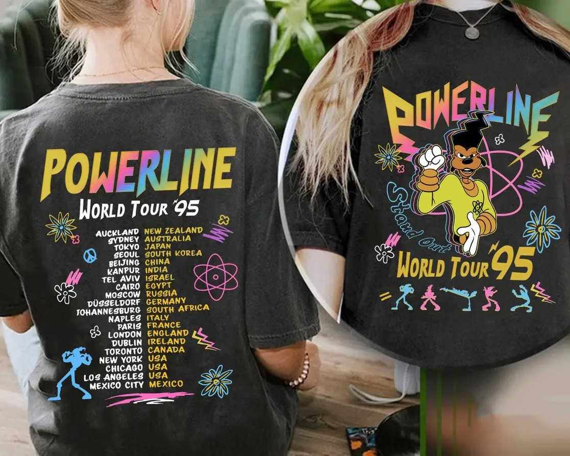 Two Sided Powerline World Tour Shirt, Retro 90s Pop Star Concert Tee, Colorful Concert Poster Shirt, 90s Cartoon Inspired Theme Park Outfit