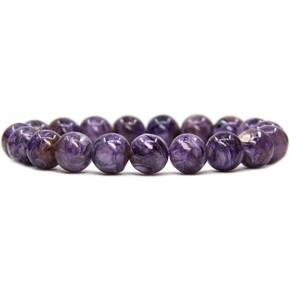 Angelstones Natural Russian Charoite Genuine Semi-Precious Gemstones Healing 10mm Beaded Stretch Bracelet 7" Unisex