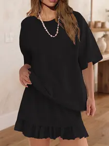 Premium Women's 2-Piece Ruffle-Trim Set. Short Sleeve Drop-Shoulder Top & Coordinating Ruffle Hem Shorts. Effortless Chic and Comfortable Casual Loungewear for Home, Beach, or Everyday Wear.