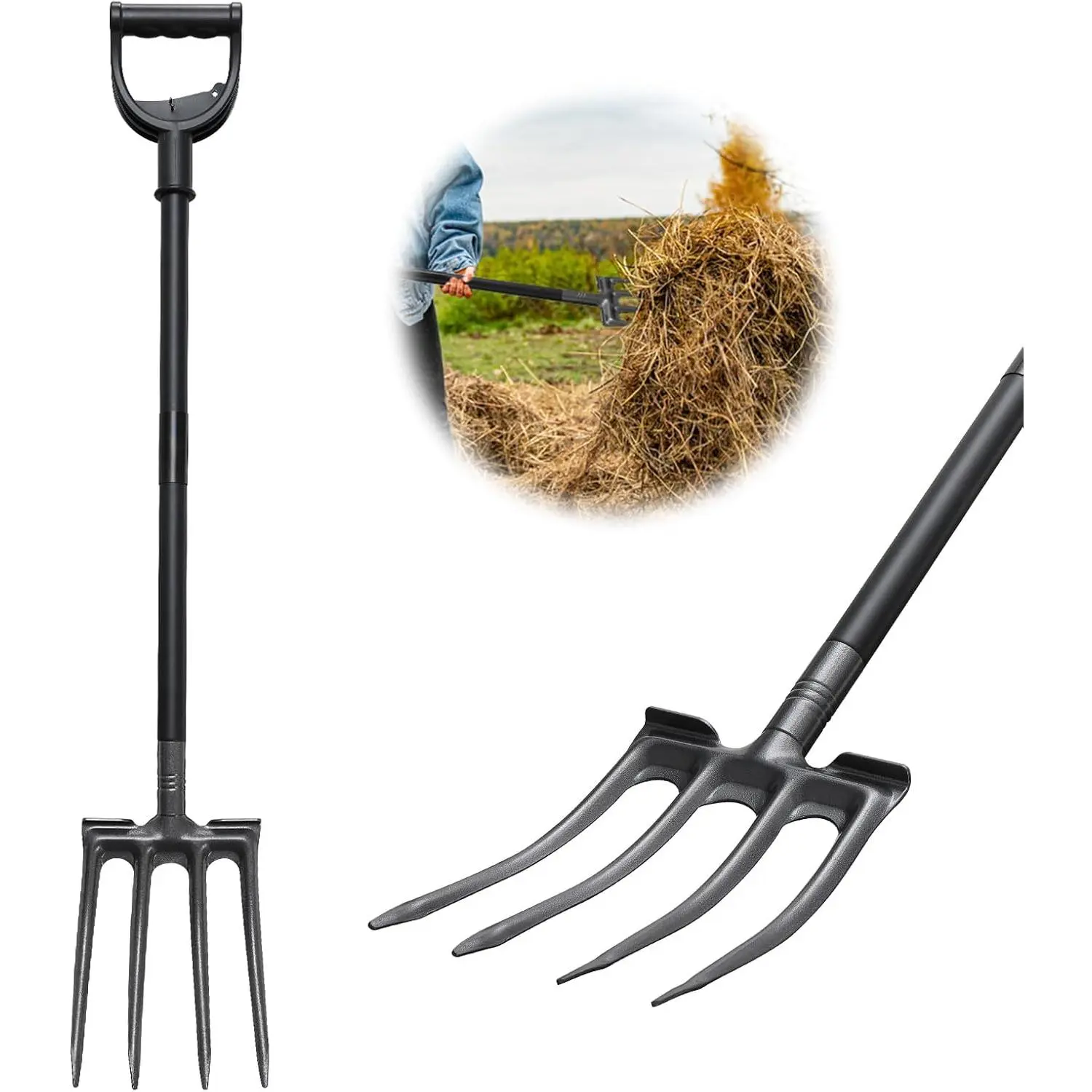 Pitchfork, 46 Inch Long Pitchforks for Gardening Digging Composting Spading with Metal Handle, Rustproof Heavy Duty Manure Fork for Weeding, Mulch Spreading, Loosening, 4 Tines  Fork poly  shovel