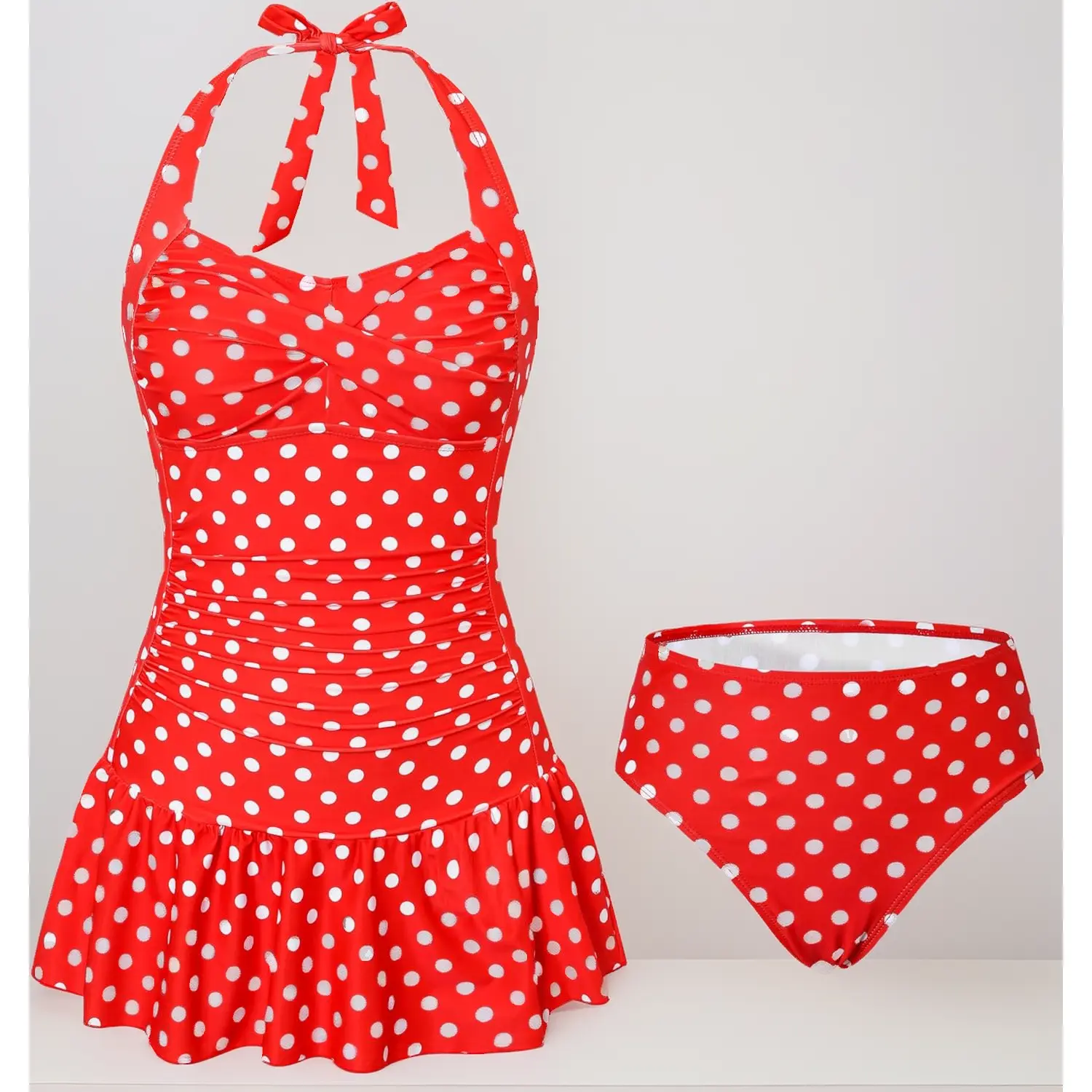 Teen Girls' 2-Piece Bathing Suit, Halter Neck Polka Dot Design with Skirt Cover Up, Sizes 10-17