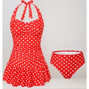 Teen Girls Swimsuits Size 10–17 – Halter Neck Polka Dot Two-Piece Bathing Suit with Skirt Cover Up