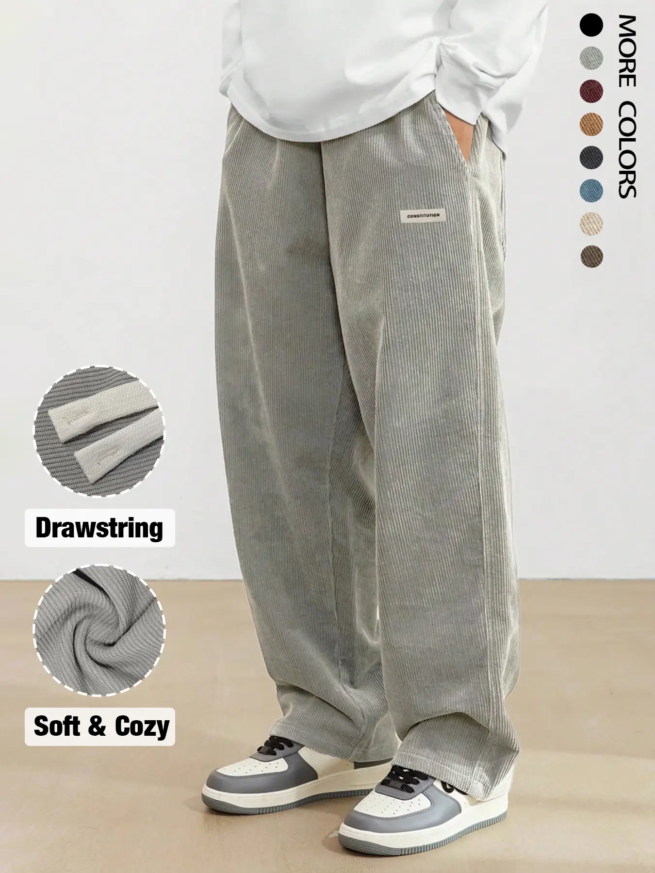 Men's Loose Letter Patched Drawstring Waist Straight Leg Pants, Unisex Casual Pocket Corduroy Trousers for Daily Wear, Lounge wear National Day Clothi
