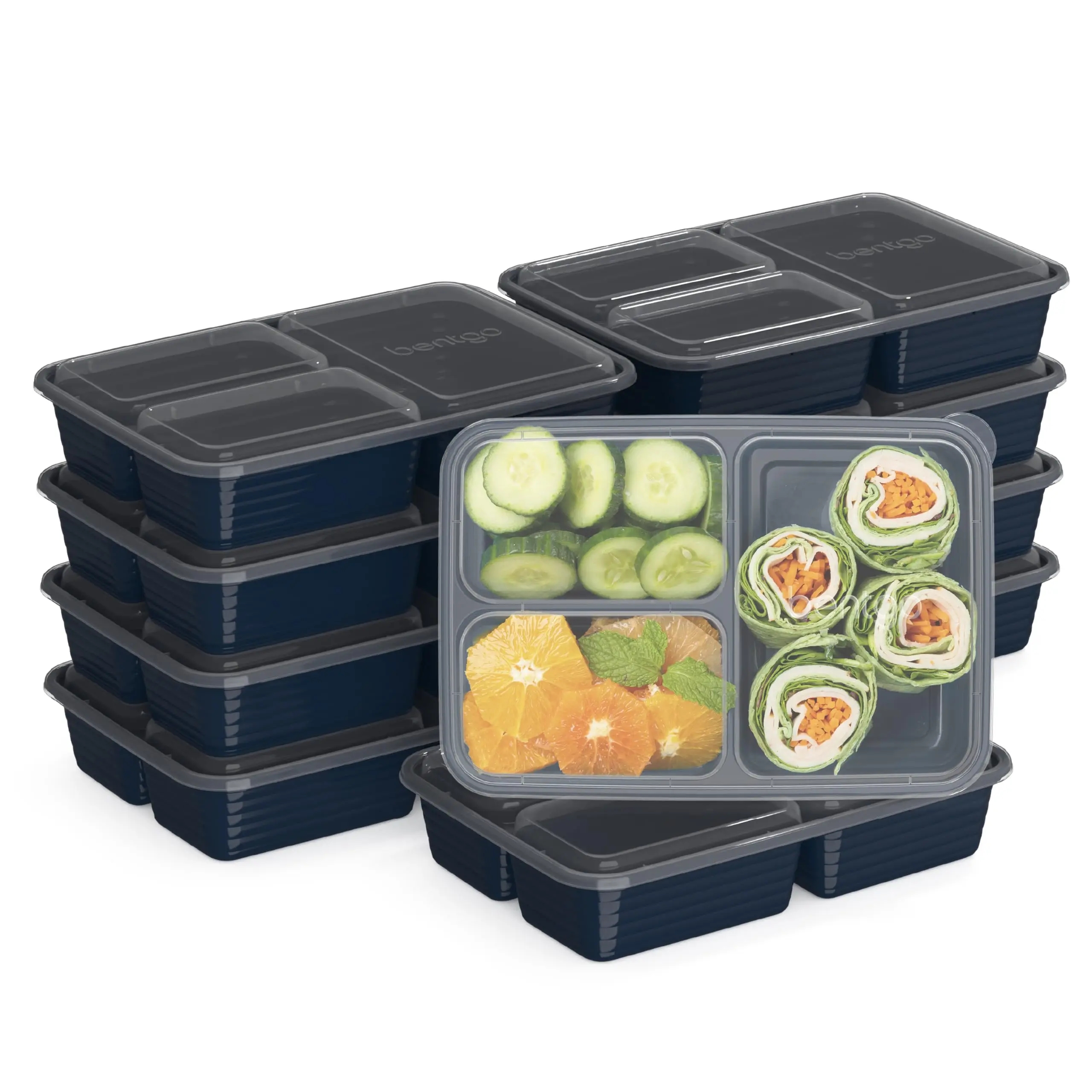 Bentgo Prep 20-Piece 3-Compartment Reusable Meal Prep Containers with Lids, PFAS & BPA-Free, Durable, Microwave, Freezer & Dishwasher Safe Food Storage (Navy Blue)