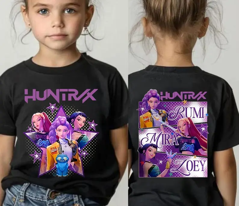 [Sale Up To 50%] Huntrix Girls Kpop Demon Hunters Two-sided youth Shirt, Anime Comic Style Pullover Featuring Rumi Mira Zoey, Girl Magical Warrior Fa