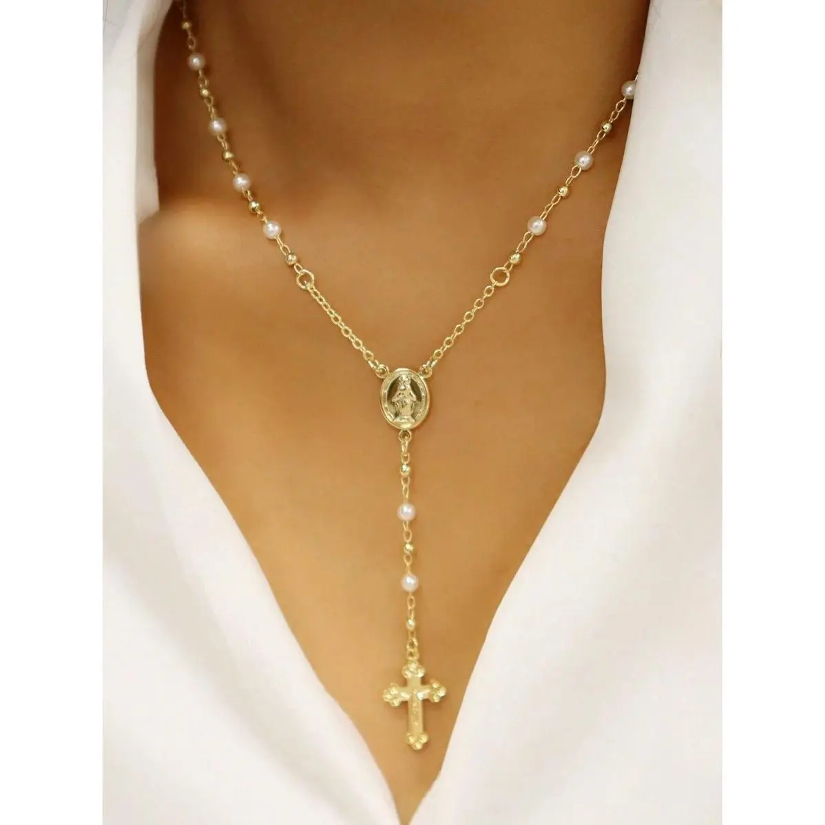 1pc Vintage Cross & Virgin Mary Pendant Faux Pearl Y-Necklace, Women Jewelry Accessory For Party & Everyday Wear (Random Beads Quantity)