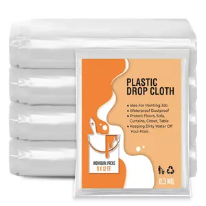Clear Plastic Sheeting Drop Cloths for Painting, 5 Pcs 9x12ft Plastic Tarp Waterproof Dustproof Almost Tear Resistance Multi-Purpose Furniture Cover Floor Wall Protection Film