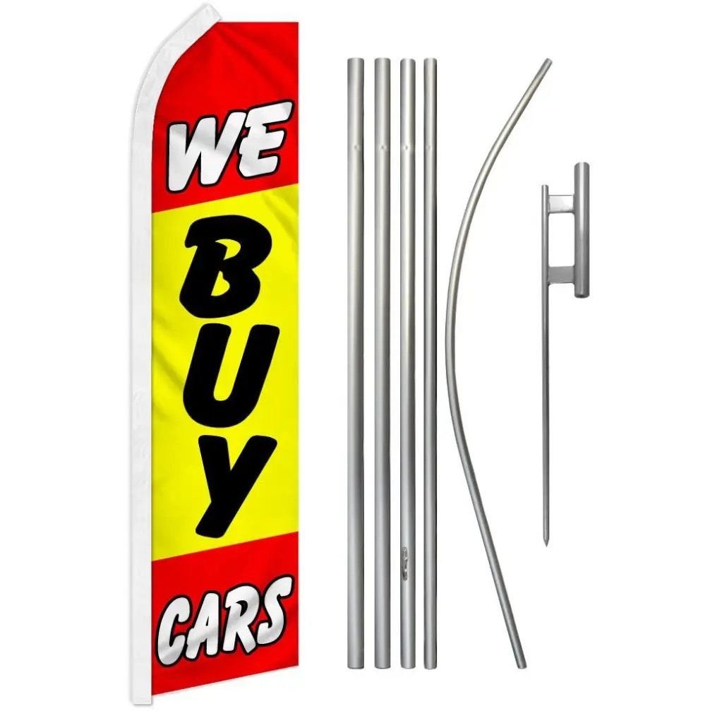 We Buy Cars Synthetic Print Free-Flying Advertising Flags with Steel-Aluminum Flagpole Kit, Polyester Wind-Resistant Business Banner for Festive Events, Party Backdrops, 11.5Ft X 2.5Ft, Super Flag, Aluminium