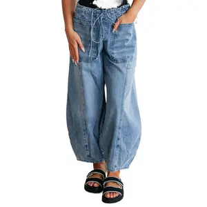 Myosotis Large Patch Pocket High Waist Drawstring Barrel Jeans for Women