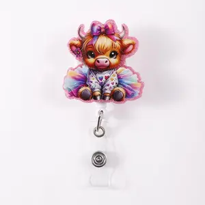 Cute Cow Design Badge Holder, Animal Shaped Badges, 1 Count Retractable Badge Reel with Card Holder, Identification Badges & Supplies for Students, Office Workers, Doctors, Nurses, Teachers