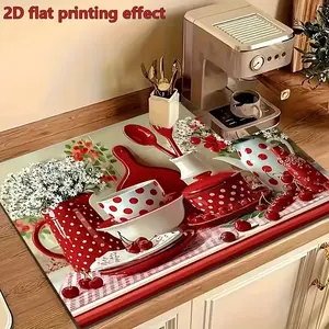 Red Polka Dot Cherry Daisy 2D Flat Stove Top Cover, Heat Resistant Scratch Proof Stove Protector, Easy Clean Multi-Use Mat for Stoves, Oven, Washer Dryer, Vintage Kitchen Decor #RedPolkaDot #CherryPrint #StoveProtector #HeatResistant #EasyClean