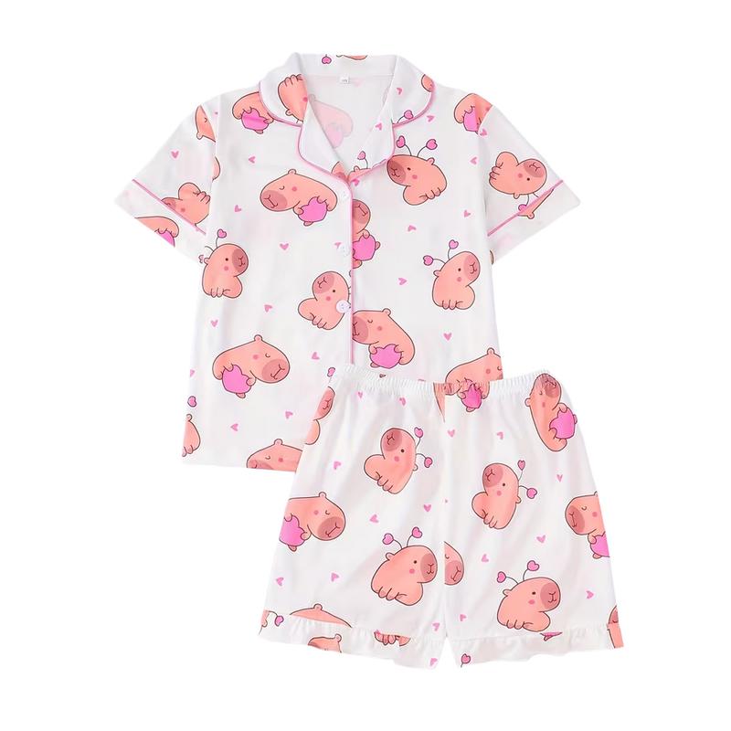 Cute Capybara With Heart Short Sleeve Pajama, Funny Animal Lover Sleepwear For Women, Kawaii Cartoon Lounge Set, Sweet Relaxing Gift | 060126.C03536.ID02