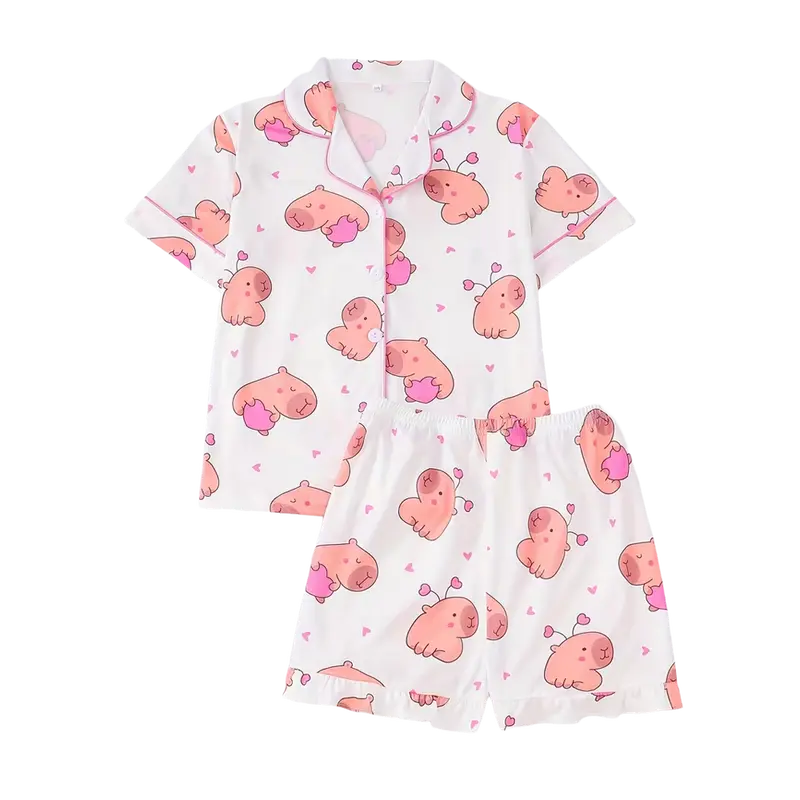 Cute Capybara With Heart Short Sleeve Pajama, Funny Animal Lover Sleepwear For Women, Kawaii Cartoon Lounge Set, Sweet Relaxing Gift | 060126.C03536.ID02