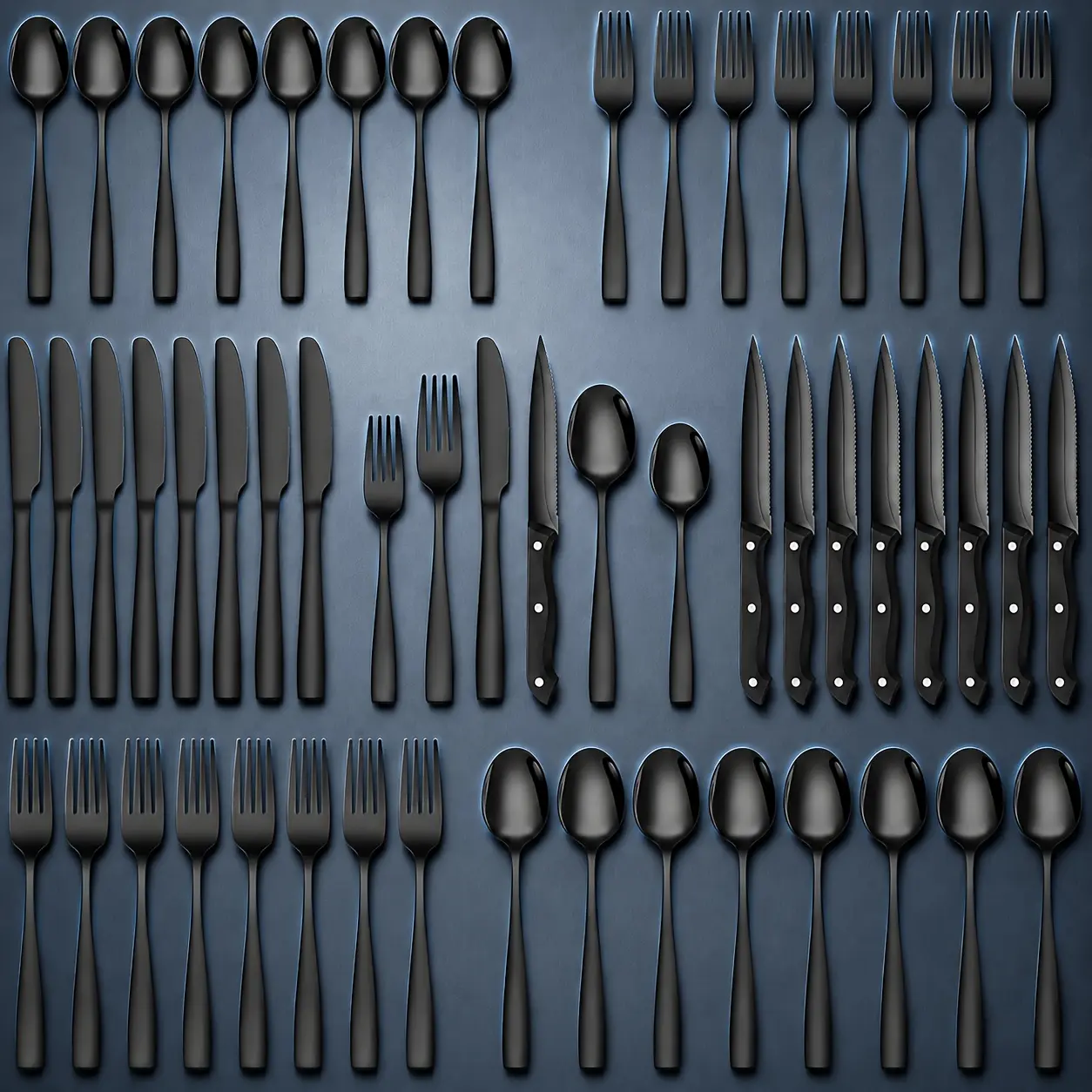 [Stainless Steel Flatware] 48pcs Black Silverware Set With Steak Knives Service For 8, Stainless Steel Flatware Set, Mirror Polished Kitchen Additions, Home Kitchen Party Eating Tableware Set, Includes Fork Knife Spoon Set, Dishwasher Safe