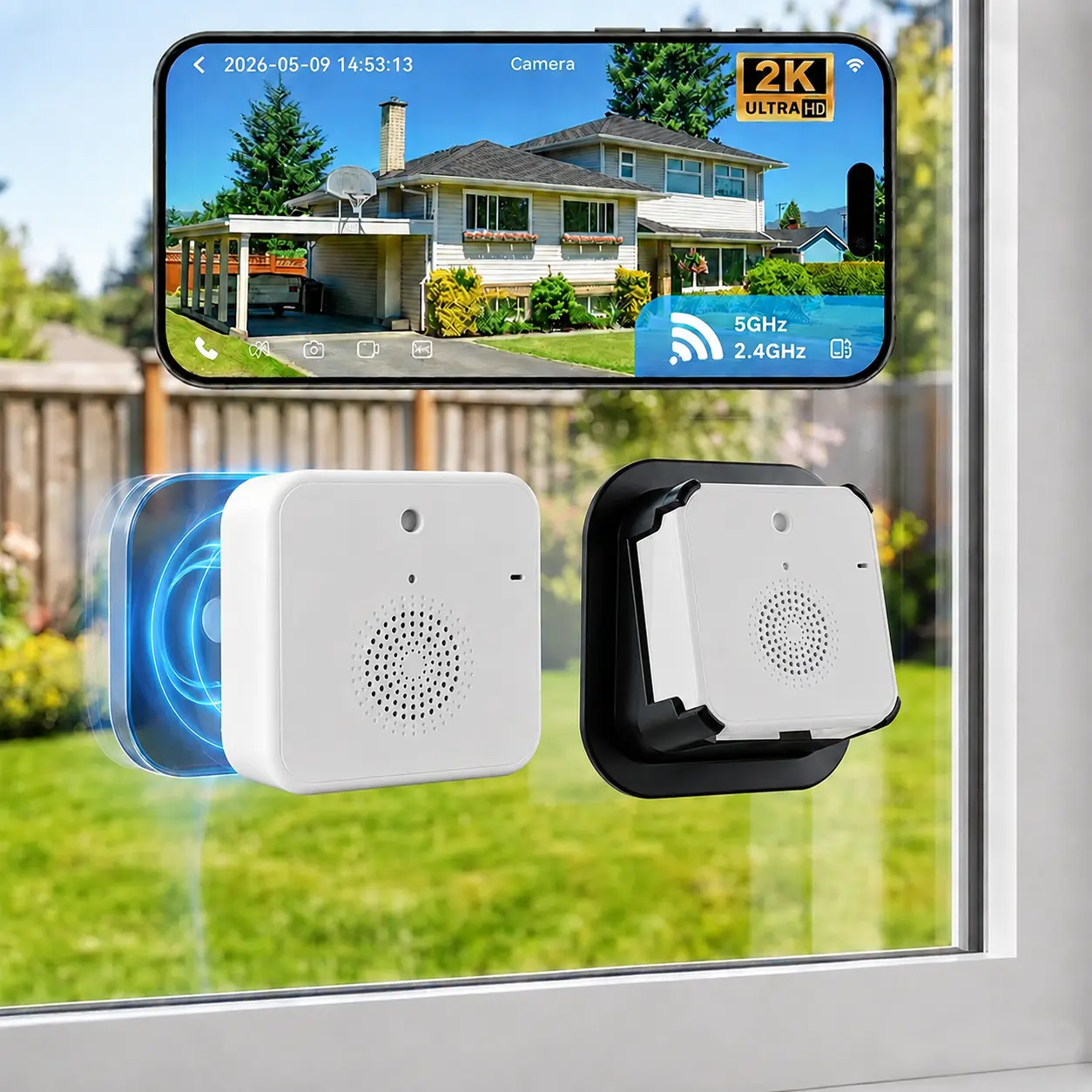 4MP 2.5K Wireless Window Camera, Rechargeable Indoor Security Cameras for Home, 2.4&5G WiFi, 6s Pre-Roll, AI Human Detection, Anti-Glare, Magnetic Mount, No-Drill Install, SD/Cloud