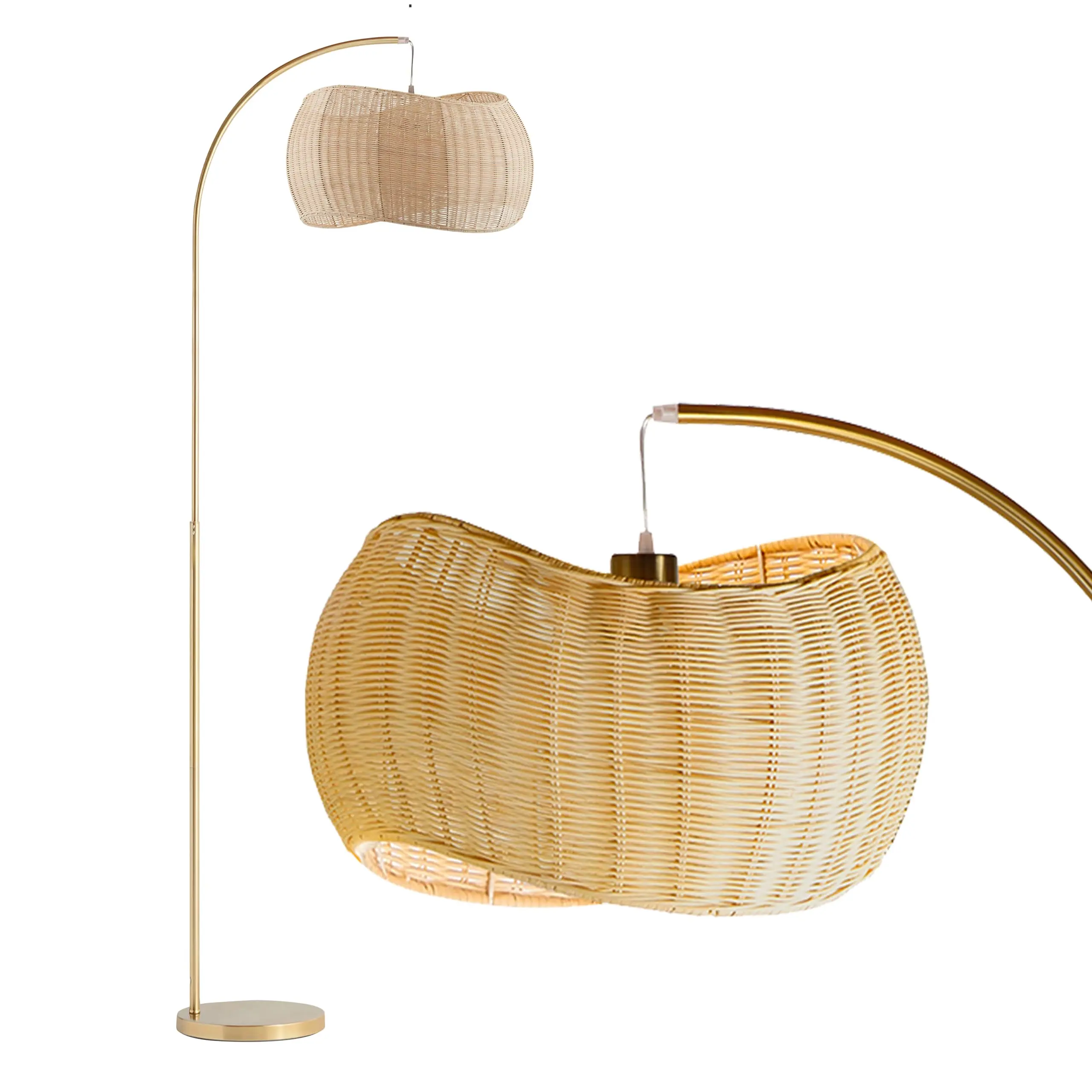 Brightech Wave Arch Floor Lamp - Brass Indoor Lighting, Unique Hanging Wicker Shade Home Decor Light, Rattan Style for Boho Décor, Arcs Over Sofas-Dining Tables, Arch Floor Lamps & Torchieres