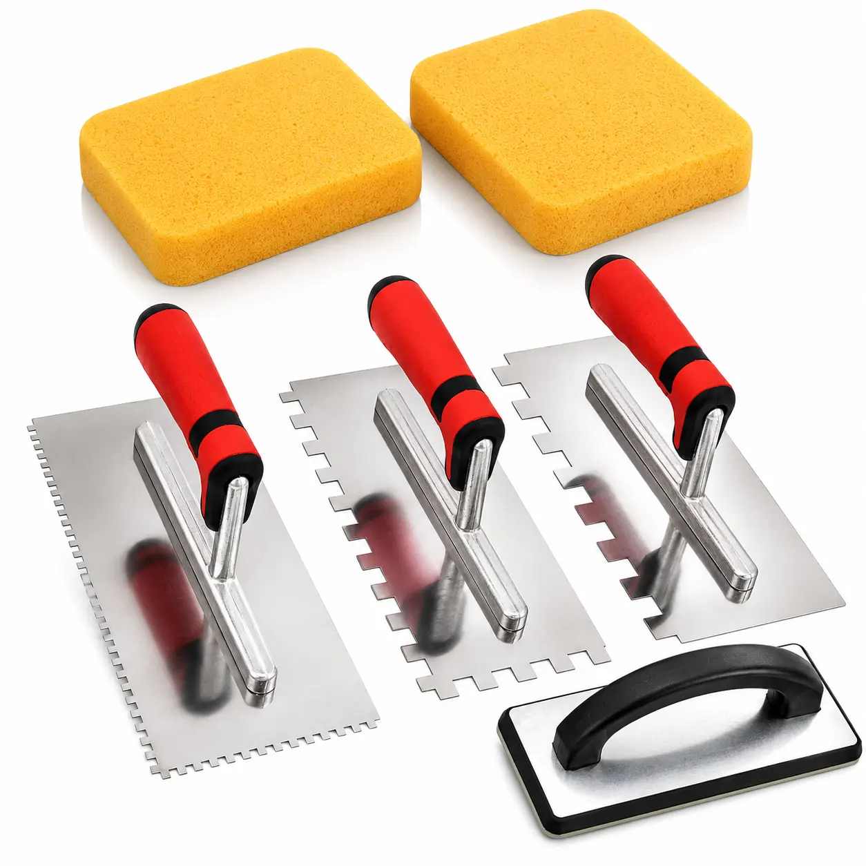 Tile Tools Stainless Steel Square Notch Trowel Set Plus Rubber Grout Float and Grout Sponge for Tiling Installation Grouting