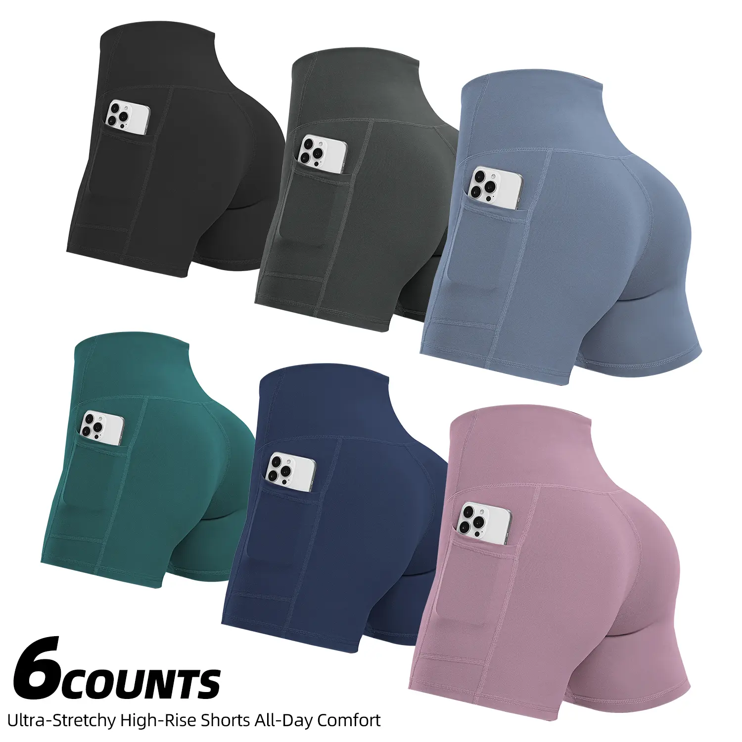 6-Pack Ultra Stretch High Waisted Shorts With Phone Pockets Ladies Yoga Running Shorts All Day Comfort Casual Commute Everyday Shorts