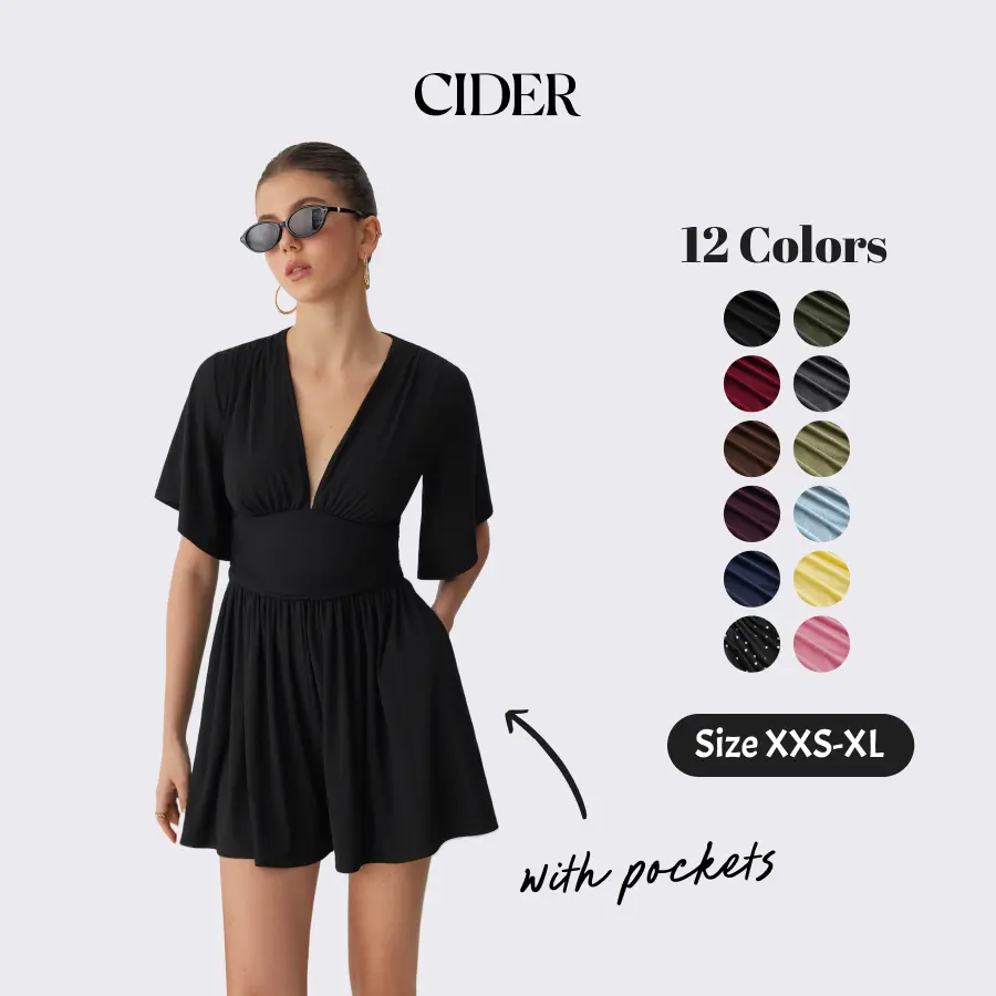 Cider Textured V-neck Ruched Mid Rise Bell Sleeve Romper with Pockets Summer Womenswear Basic Minimalist Jumpsuit SohoChic