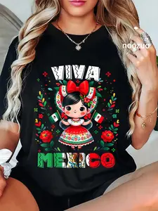 100% Cotton Unisex Viva Mexico Mexican Girl Flag Independence Day Girls T-Shirt Casual Top