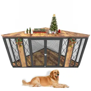 kepptory 67" Corner Wooden Dog Crate Furniture with Diamond Metal Decoration, Pet Kennel for Small, Medium and Large Dogs, Space-Saving Dog Cage for TV Stand