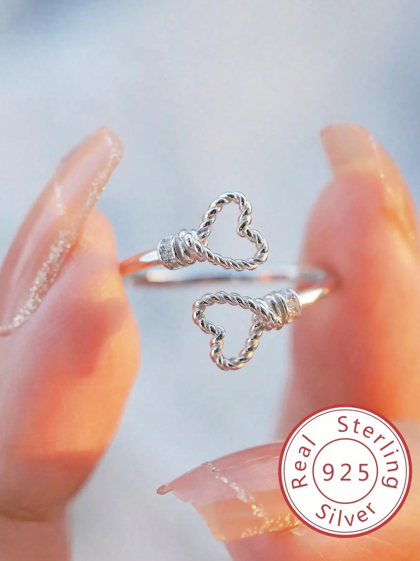 S925 Sterling Silver Women's Elegant Hollow Out Heart Design Cuff Ring, Exquisite Trendy Adjustable Ring, Fashionable Jewelry for Women As Gift