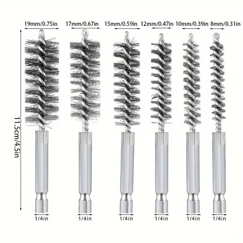 6pcs Stainless Steel Wire Pipe Brush Multi-Specification Wire Brush Deburring and Rust Removal Brush Polishing Inner Hole Grinding Brush