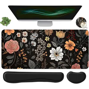 4pcs Boho Vintage Floral Design Mouse Pad, Non Slip Mousepad, Keyboard Wrist Rest + Coaster Set For Desktop Decoration, Office Accessories Ergonomic Wrist Support, Suitable For Home Office Gaming