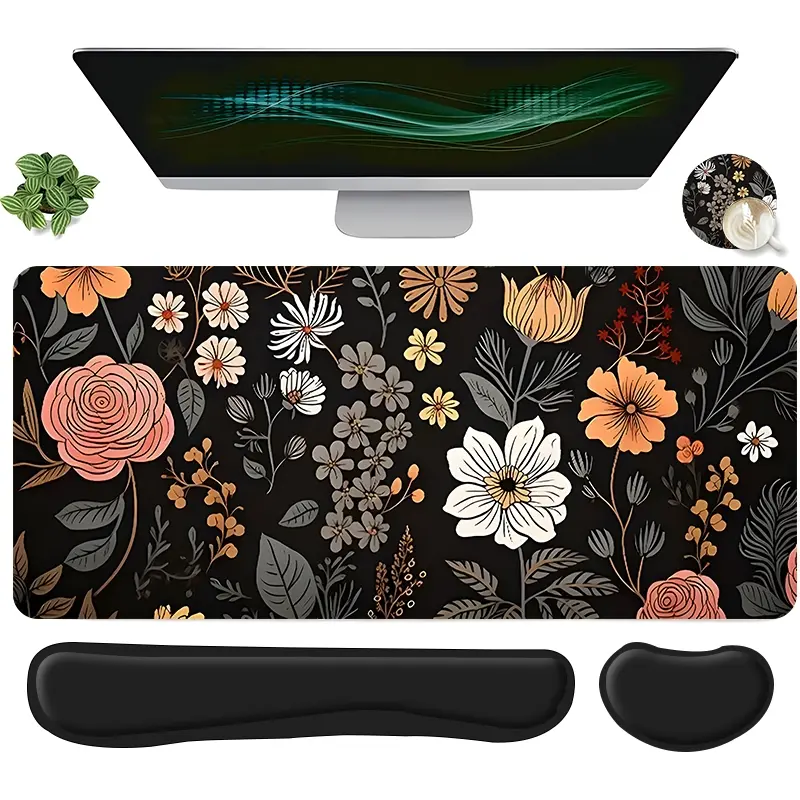 4pcs Boho Vintage Floral Design Mouse Pad, Non Slip Mousepad, Keyboard Wrist Rest + Coaster Set For Desktop Decoration, Aesthetic Desk Accessories, Office Desk Accessory, Office Accessories Ergonomic Wrist Support, Suitable For Home Office Gaming