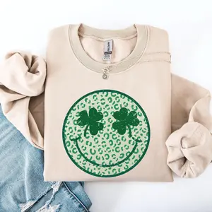 Leopard Print Smiley Sweatshirt – Retro St. Patrick's Day Shamrock & Lucky Leprechaun Crewneck