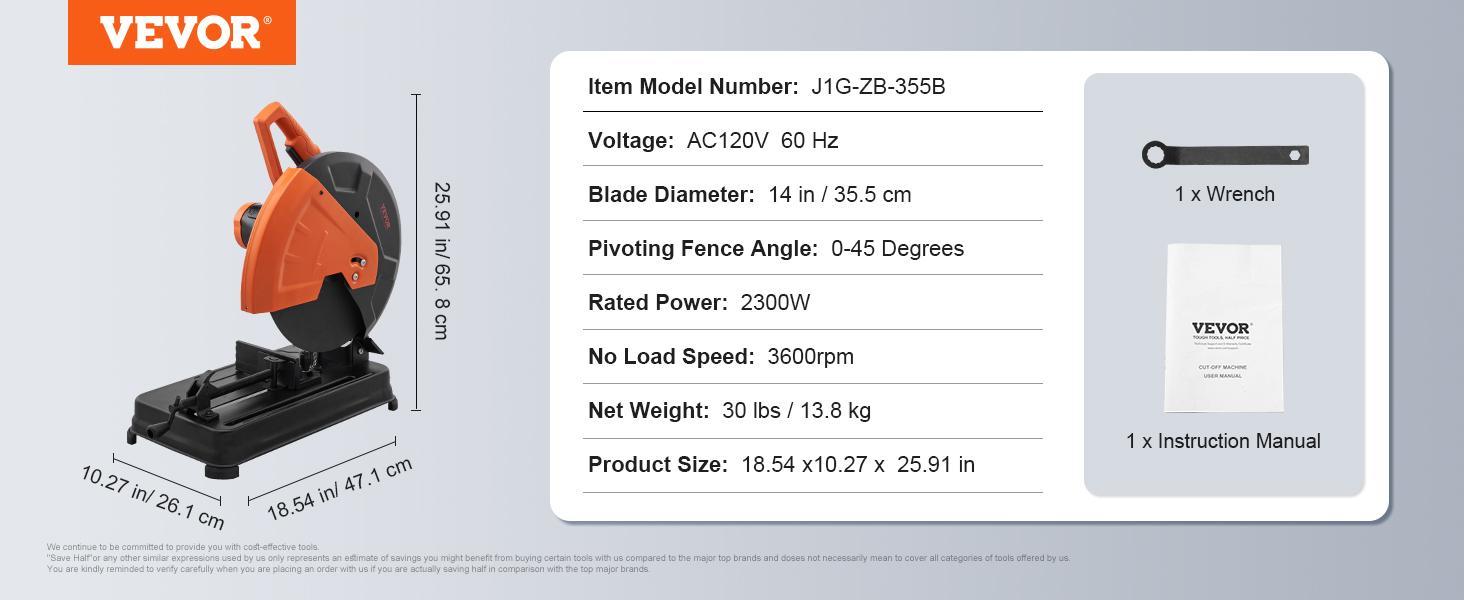 VEVOR Abrasive Chop Saw, TikTokShopBlackFriday, 14"/355mm Blade Diameter Cut Off Saw, 2300W 3600RPM Steel Cutting Machine, 0-45° Adjustable Angle Miter Saw for Cutting Metal Cutting Chop Saw for Steel/Rebar/Iron/Aluminum
