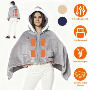Wearable Heated Throw Blanket Double-Sided Flannel Portable Electric Heating Hoodie For Women Men Machine Washable 3 Heating Levels Battery Operated