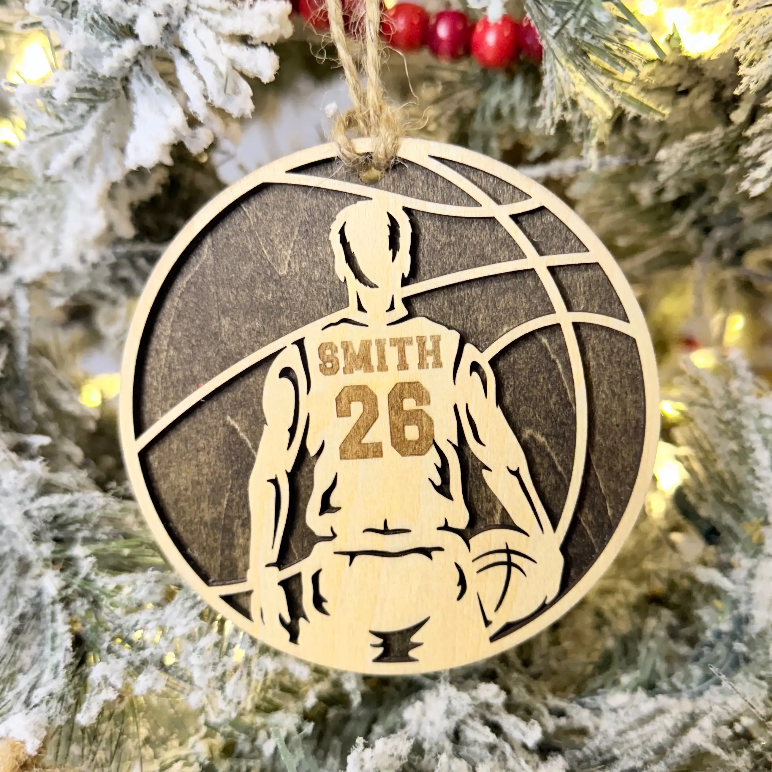 Personalized Custom Engraved All Wood Basketball Spotlight Ornament. Handmade Keepsake Item-Christmas Wooden Decoration Gift Decor