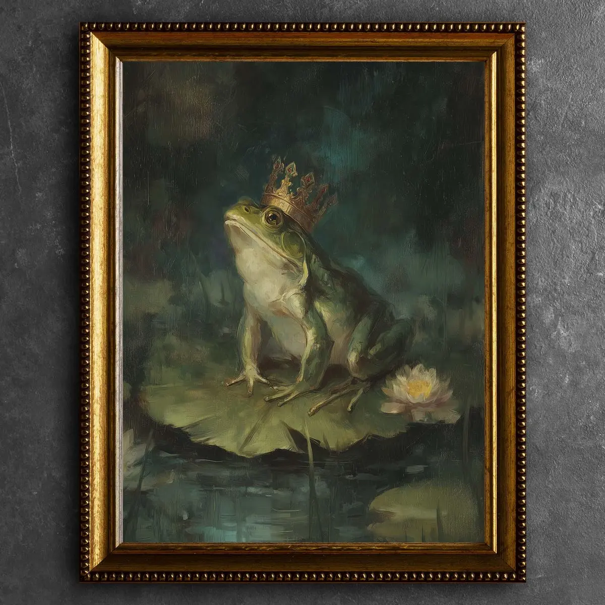 Frog Prince Crowned Portrait Wall Art, Whimsical Gothic Animal Print, Dark Academia Fantasy Painting Enchanted Amphibian Decor, Unframed
