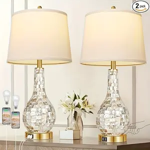 2024 ROTTOGOON Gold Table Lamps For Living Room Set Of 2, Modern Coastal Bedside Shell Pearl Tiles Nightstand Lamp With USB Ports 3-Way Touch Control Lamp For Bedroom Home Decor (2700K LED Bulbs Included)