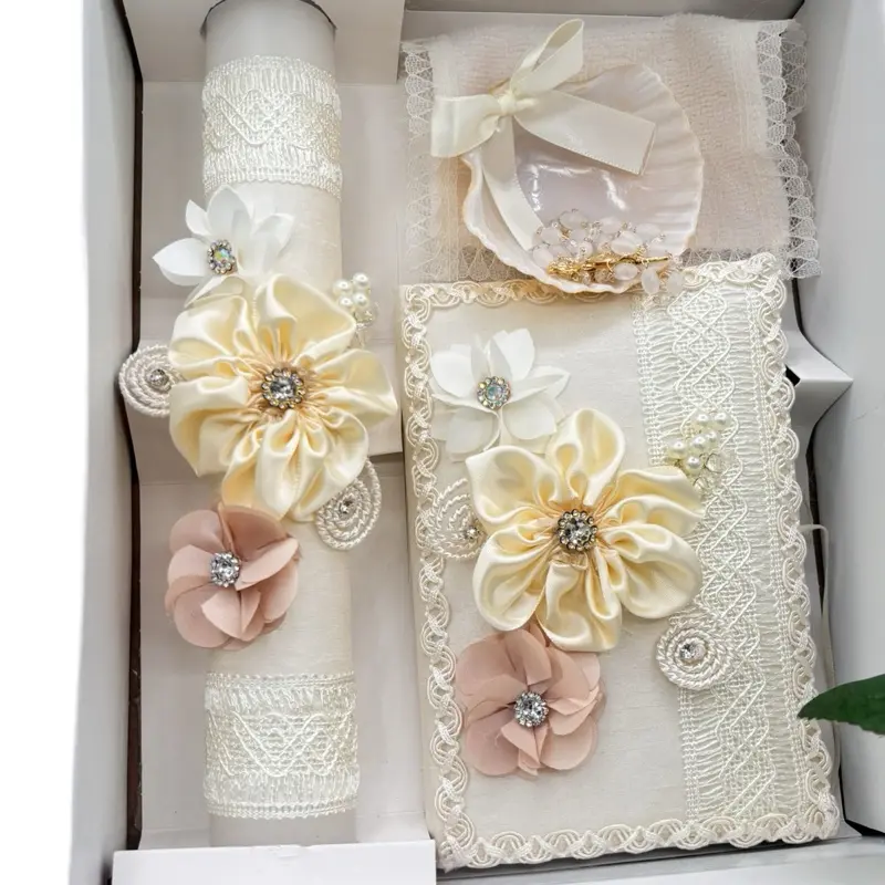Baptism Candle Set for Girl - Elegant Floral Design with Lace and Ribbon - Perfect for Special Occasions