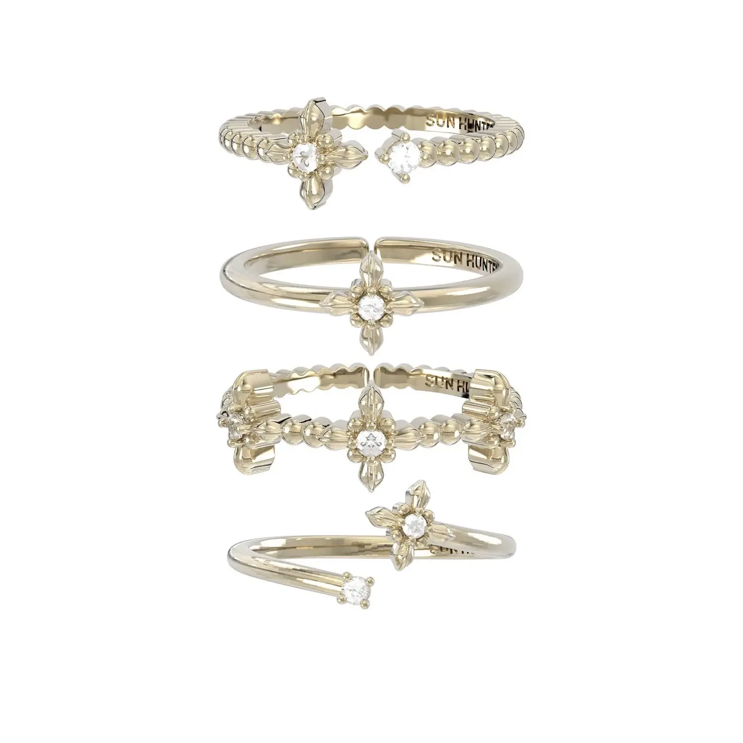 Triple Bar Gold-Tone Iris Motif Key Floral Ring, Distinctive Ring Jewelry with a Wearable Profile and Decorative Character, Ideal for Layered Styling, Weekend Looks, Parties, and Special Occasions