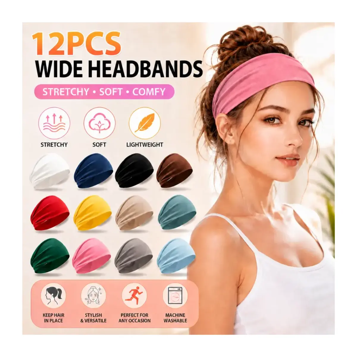 Women's 12-Pack No-Slip Elastic Fashion Headbands, Polypropylene Universal Headbands for Workout & Daily Use, Hair Accessories