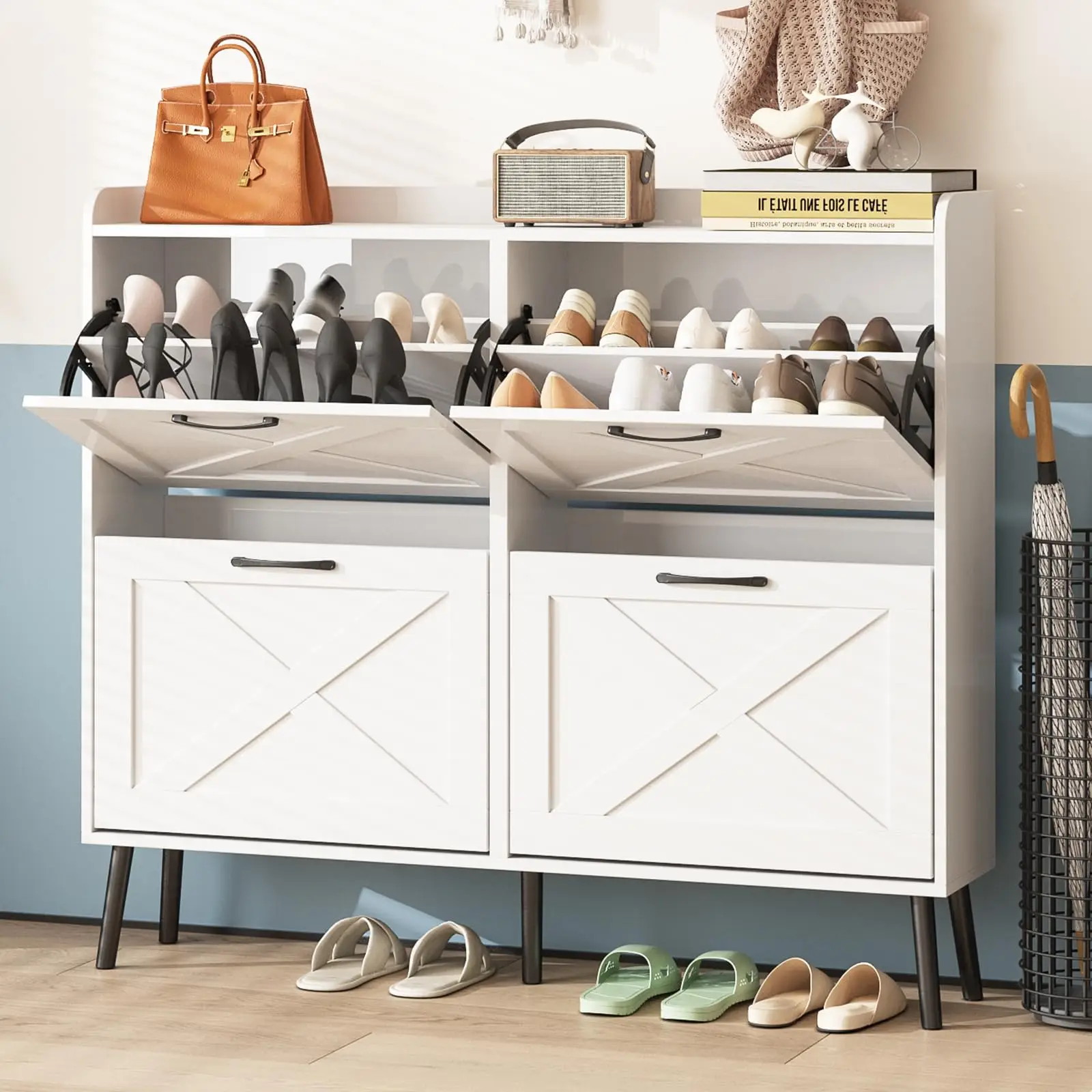 Vabches Large Shoe Cabinet with 4 Flip Drawers, Freestanding Shoe Organizer with Metal Drawer Bracket for Entryway